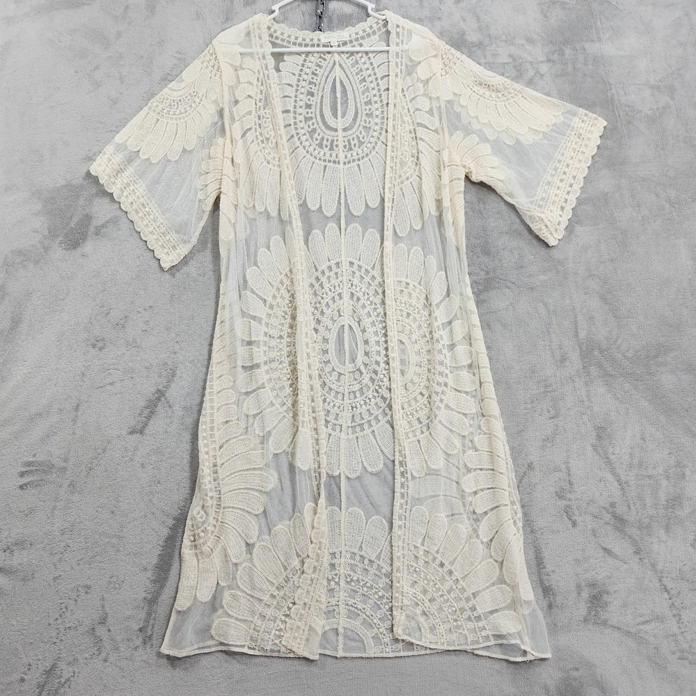 Rebellion Kimono Womens S Ivory Crochet Lace Mesh Sheer Cover Up Boho Beach